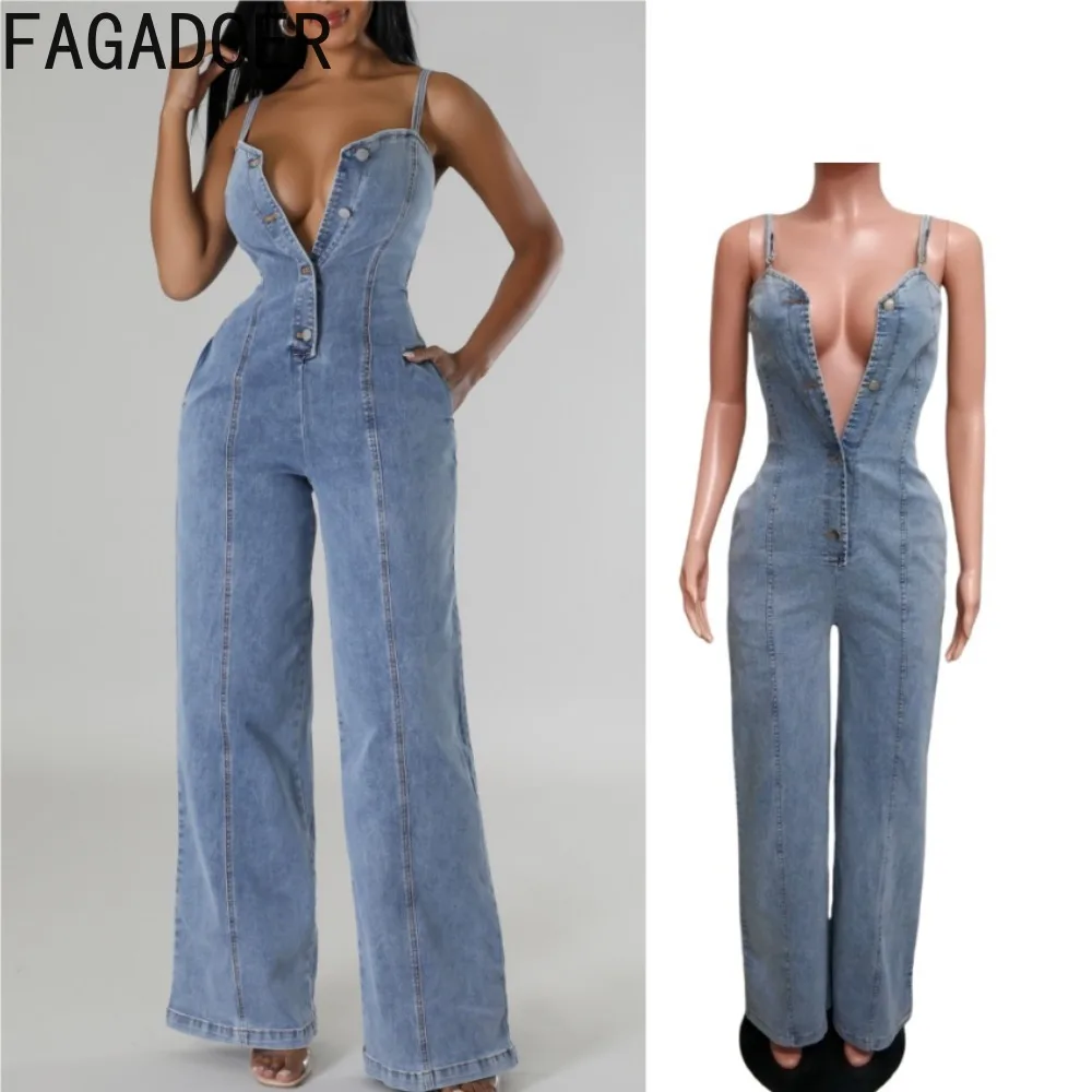 

FAGADOER Sexy Denim Jumpsuits Women Spaghetti Strap Buttons Patchwork One Piece Wide Leg Rompers Fashion Streetwear Overalls New