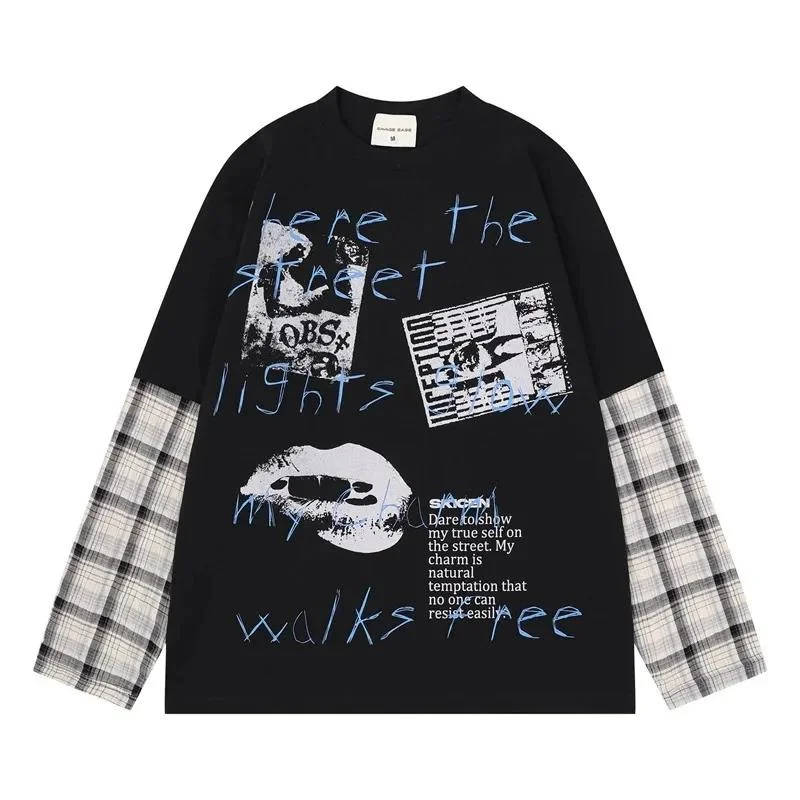 American Vintage Spliced Plaid Long Sleeve Men's T-Shirt Letter Graphic Print Crew Neck Loose Casual Autumn Tops CCD4