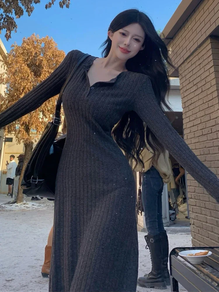 Robe Longue d'Hiver pour Femme, Style Français, Confortable, Éducatif, Décontracté, Sexy