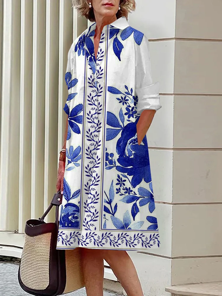 

Spring And Autumn Shirt Long Dress Vintage Dresses Women's Celadon Printed Gown Party Long Sleeves Elegant Evening Dresses