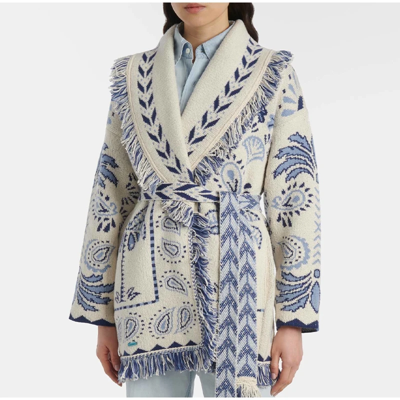 Knitted Jacquard Tassels Patchwork Cardigans Women Sweaters Long Sleeve V-neck Thicken Vacation Sweater 2025 Autumn Coats Tops
