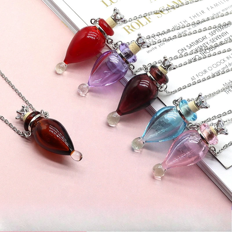 Water Drop Perfume Essential Oil Bottle Colored Glass Pendants DIY Fashion Women's Wishing Bottle Fragrance Expanding Necklace image 6