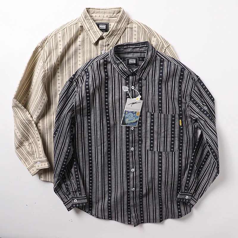 

Retro Waed Corduroy Striped Long Sve Loose Casual Collar Men's irt Jaet Youth Trend Autumn Faion Square Collar