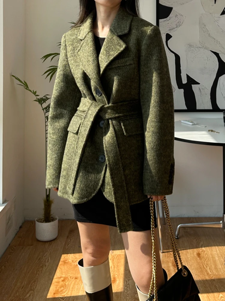 

Casual New Short Double-sided Wool Coat Female Loose Winter Mulberry Silk Woolen Lapel Lace-up Coat Warm Women Fashion Autumn