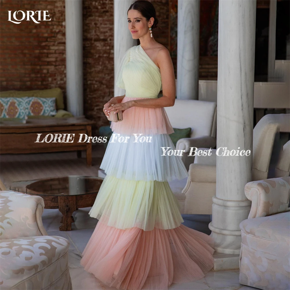 LORIE Colorful Mixed Formal Prom Dresses One Shoulder Puff Sleeves A-Line Evening Dress Tiered Ruffles 2023 Pageant Party Gowns