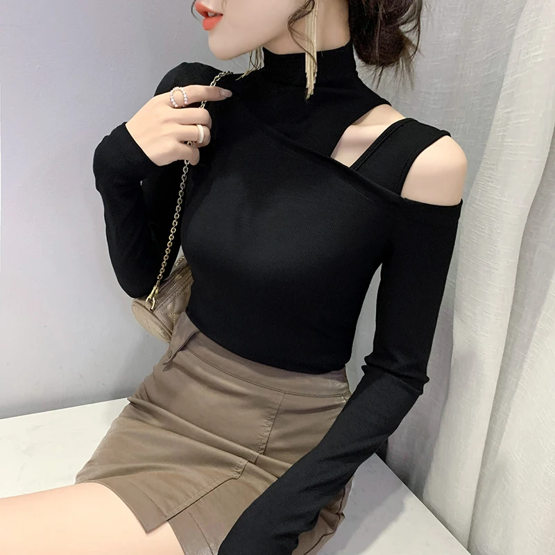 เสื้อยืดแขนยาวเซ็กซี่โชว์ไหล่ทรงเข้ารูป คอสูง สไตล์สตรีทแฟชั่น สำหรับฤดูใบไม้ร่วง หลากสี