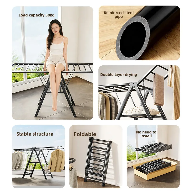 Custom-sized indoor and outdoor floor-standing clothes drying rack, foldable