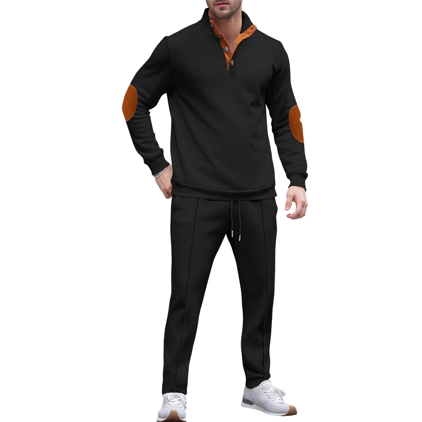 

Stand Collar Splicing Hoodie Pants Suit Spring Autumn Men Casual Long Sleeve Trousers Two Sets Waffle Solid Color Two-Piece
