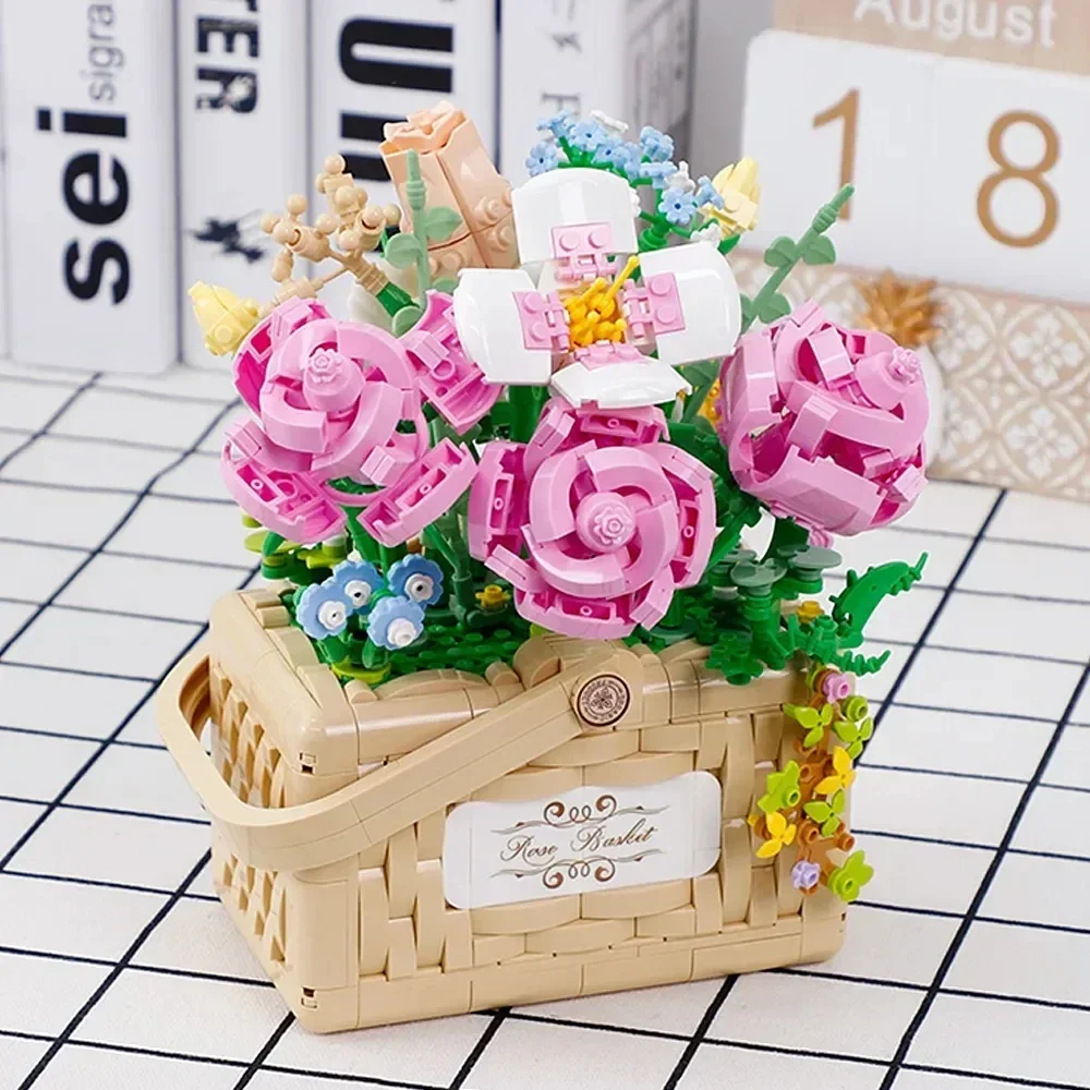 

Sunflower Basket Girl Assembly Toy Rose Bouquet Gifts Girl Valentine's Day Puzzle Building Blocks