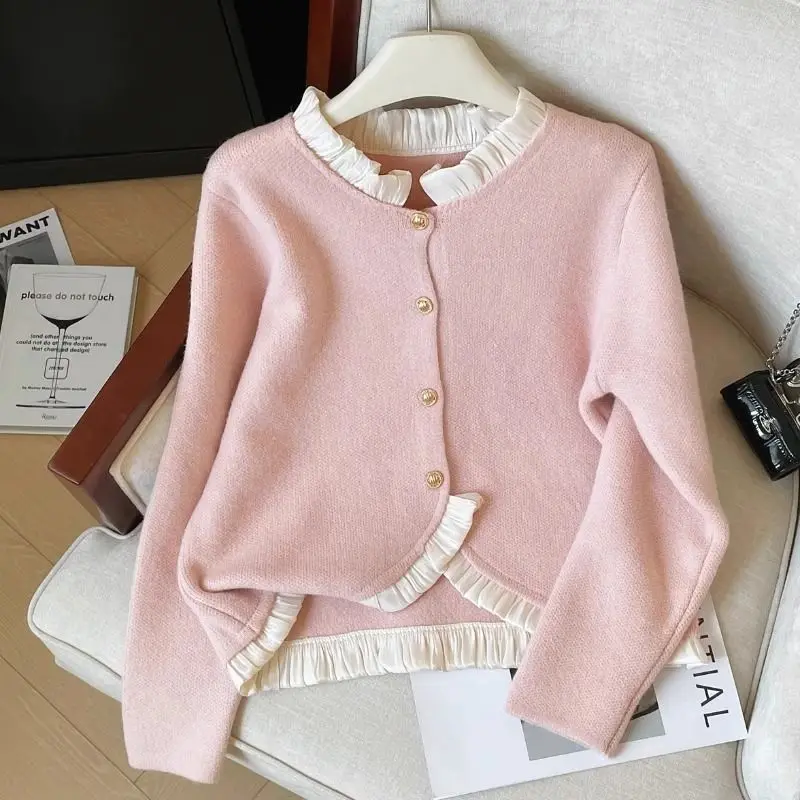 Cardigan tricoté à col rond pour femme, couleur unie, mode automne-hiver, pull à manches longues à volants, assorti avec tout, hauts en tricot simples