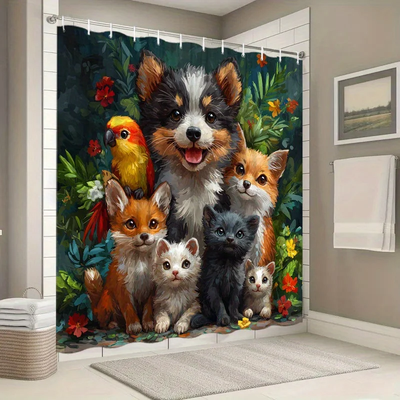 

1pc Whimsical Animals Shower Curtain - Fluffy Dog, Foxes, Kittens, Parrot, Colorful Garden, 70.8x70.8", Polyester, Washable