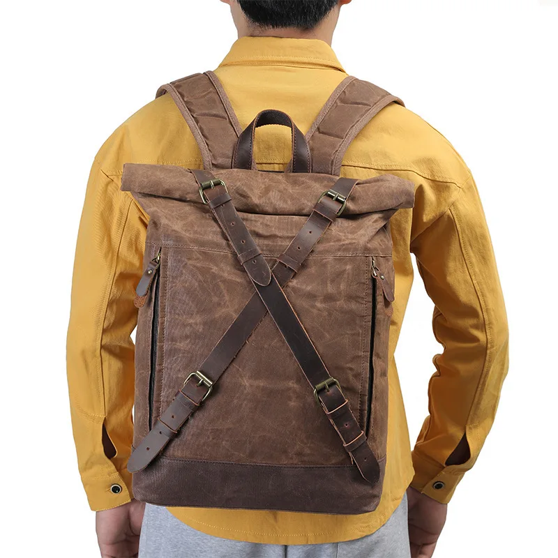 جديد ريترو مقاوم للماء النفط الشمع حقيبة قماش قنب الأوروبية والأمريكية في الهواء الطلق حقيبة السفر كمبيوتر محمول على ظهره مجنون الحصان الجلود #3