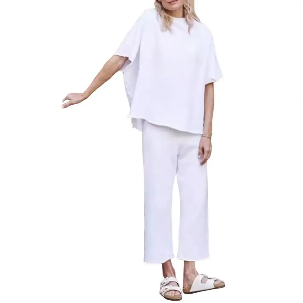 Women Loose Fit Pants Suit Chic Women\'s Bat Sleeve Top Wide Leg Trousers Set for Stylish Ol Commute Versatile Outfit with O Neck