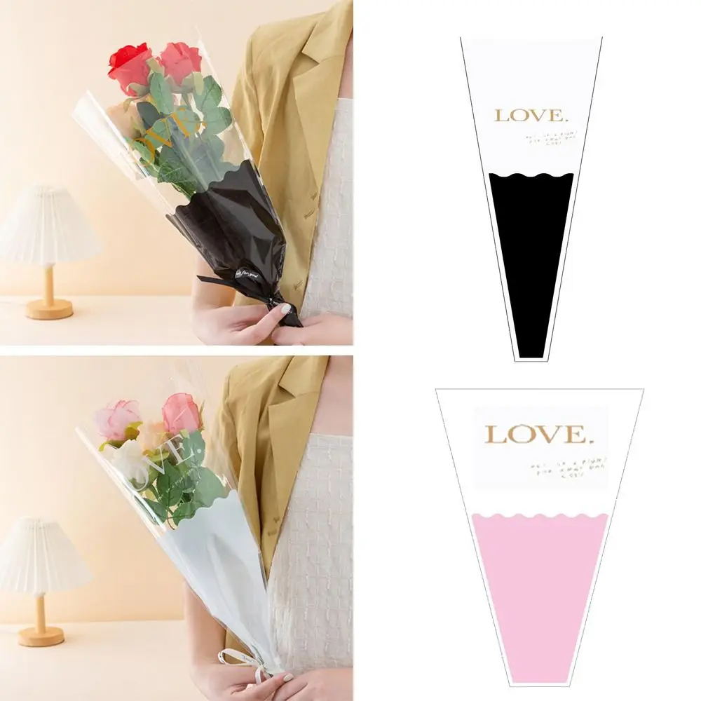 50pcs Rose Bouquet Wrapping Sleeve Plastic Bags Waterproof Valentine\'s Day Single Rose Flower Packaging Bag