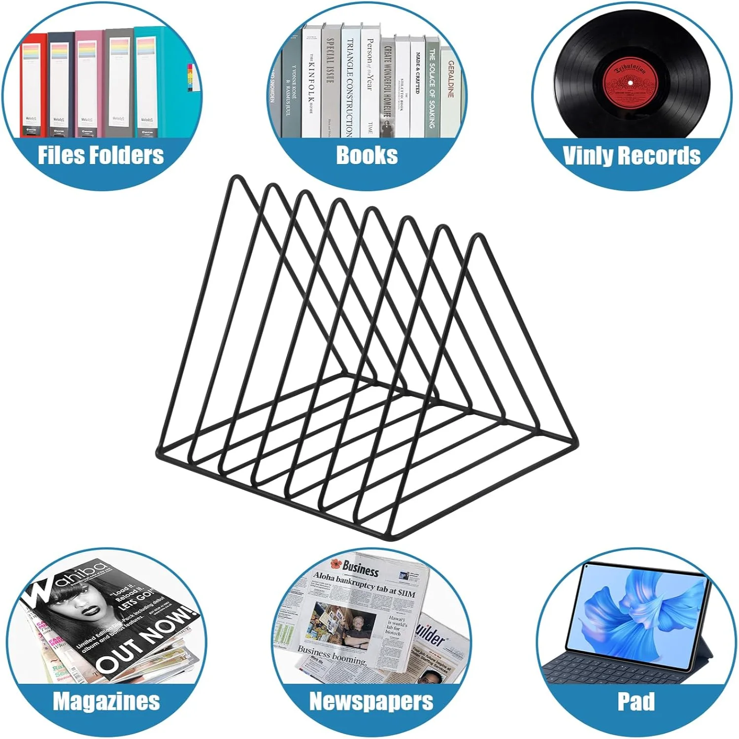 Tempat Rekaman Vinil 7 Slot, Rak Display Album Majalah Logam Anti Karat Pengatur File Desktop, Penyortir Koran Surat Kertas