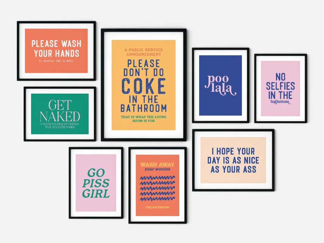 Póster de la serie de identificación del baño con texto de colores divertidos, lienzo impreso, imágenes artísticas para el hogar, decoración moderna de pared, pintura sin marco