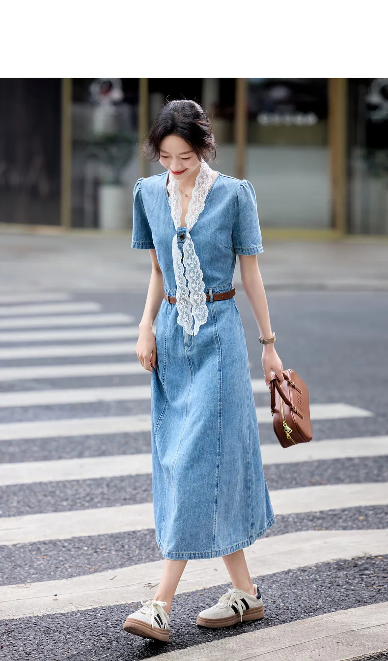 SENTUBILA Denim Long Dress Lace Ribbon Collar 2026 Summer Causal