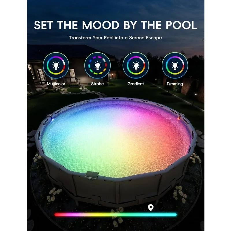 Solar Pool Lights Only for Metal Frame Above Ground Pool, 10-Color 4-Mode Light Sensing LED, Underwater Swimming Lighting with T