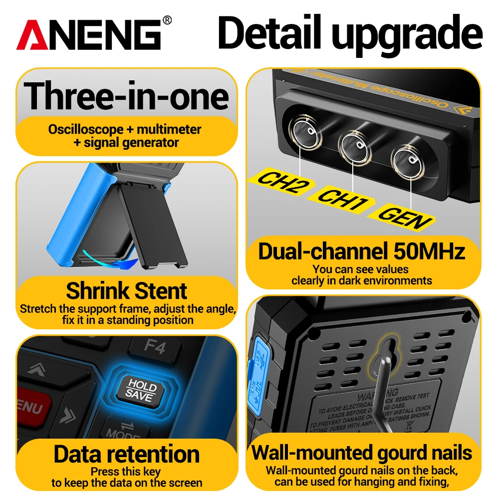 ANENG AOS05 3 in 1 Oscilloscope Multimeter Signal Generator 50MHz 200MSa/s 25000 Counts 3.2in LCD USB Rechargeable Test Meter