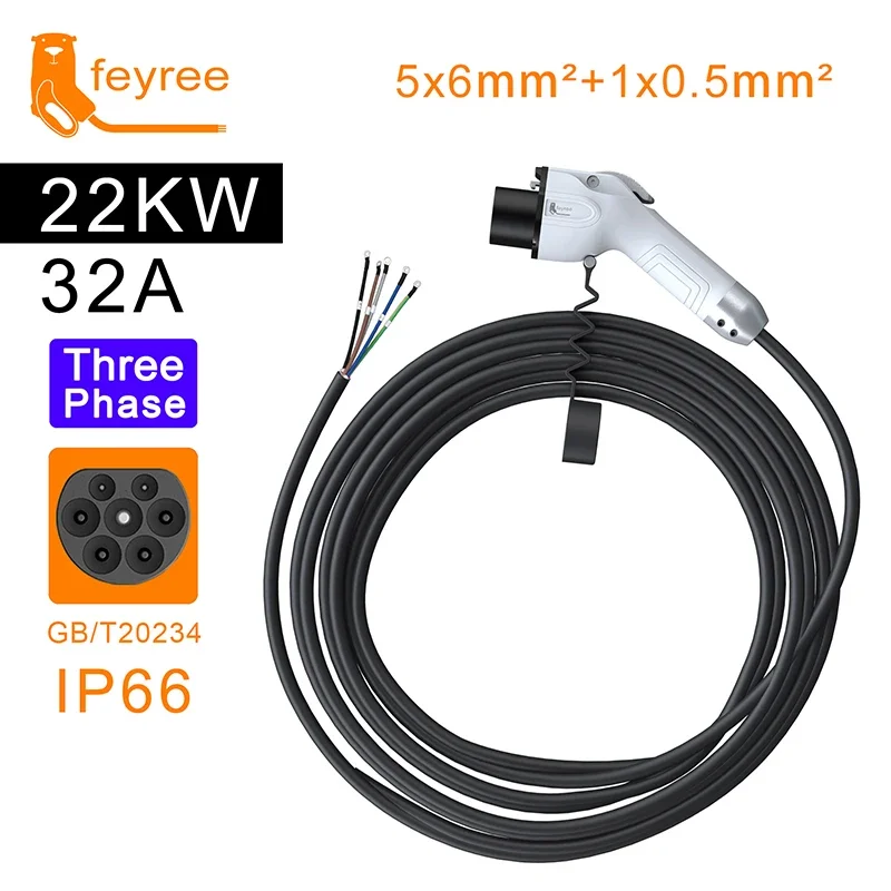 feyree GB/T Charger Plug EV Charger Cable 5m 32A 7KW 16A 3.5KW 1Phase 11KW 22KW 3 Phase for Car Charger Station Electric Vehicle