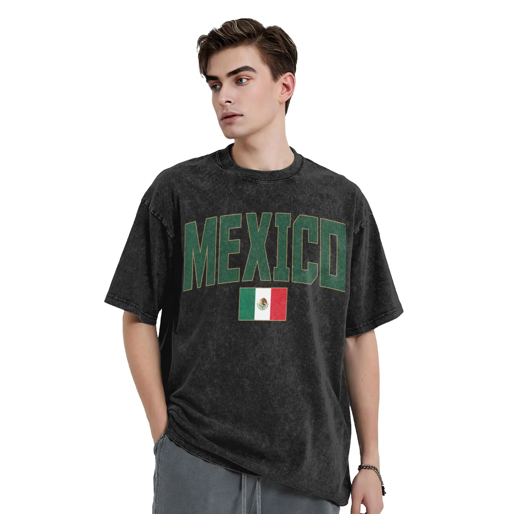 Mexico National Pride Flag Mexican Soccer Fan T Shirts Hip Hop Washed High Street T-Shirts for Men Women Tops Streetwear Summer