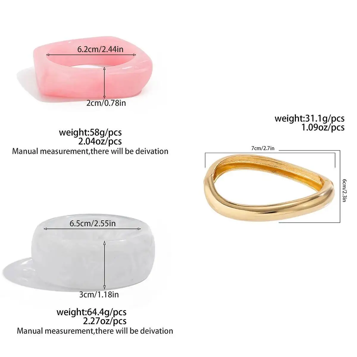 PuRui 3 أنماط بوهيميا مزاجه الوردي الأبيض الراتنج سميكة واسعة الإسورة للنساء العصرية غير النظامية التراص سوار حلية مجوهرات