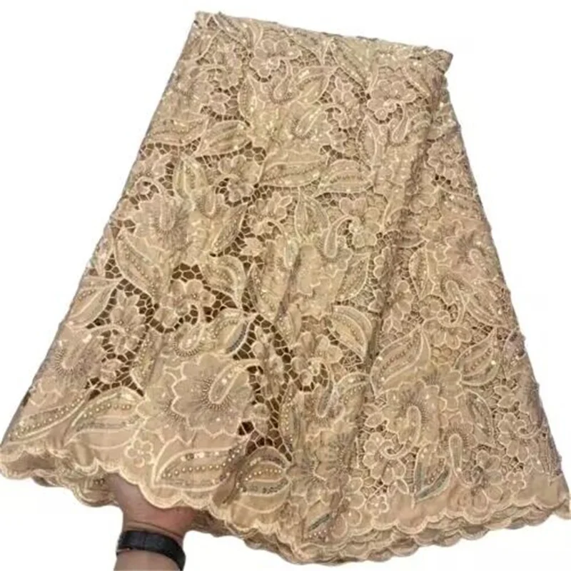 

French Embroidery Guipure Cord Lace Fabric 2023 Gold High Quality Beads Lace African Lace Fabric For Nigerian Wedding Party