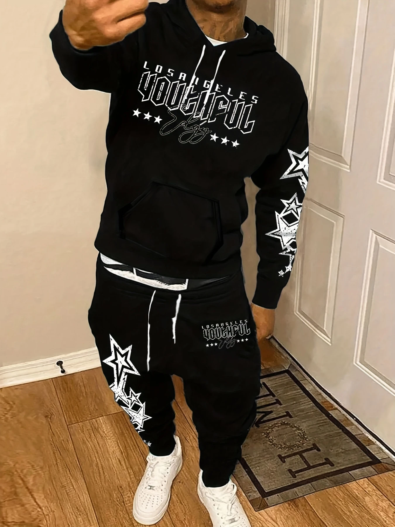 

2025 Spring and Autumn New Men's hoodie set casual roller skating star letter printed street men's wear