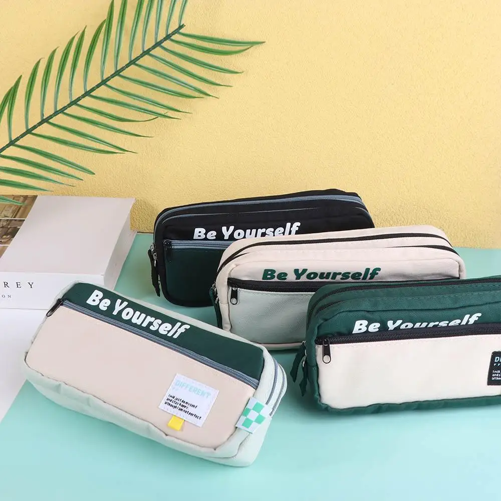 Canvas Double Zippers Pencil Case Dirt Resistant Organizer Storage Pencil Bag Korean Style Multi Layer Cartoon Pencil Cases