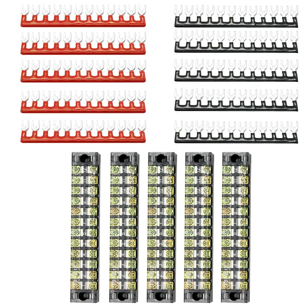 5 sets of 2 rows 12P screw blocks 600V 15A with red + terminal locking strips