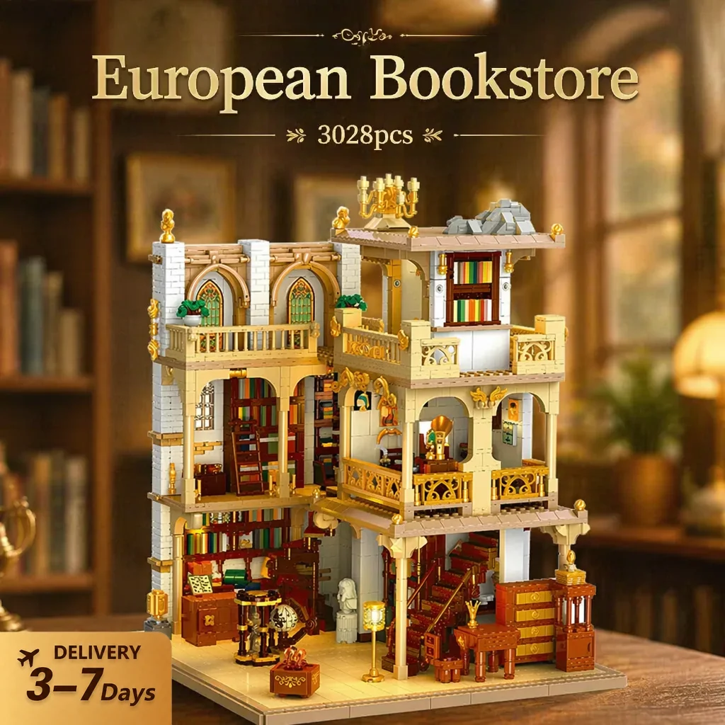 3028-teiliger Europäischer Buchladen Baukasten, Stadtgeschäft Architektur Modulares Baustein-Modellbausatz, Spielzeug für Erwachsene, Geschenk