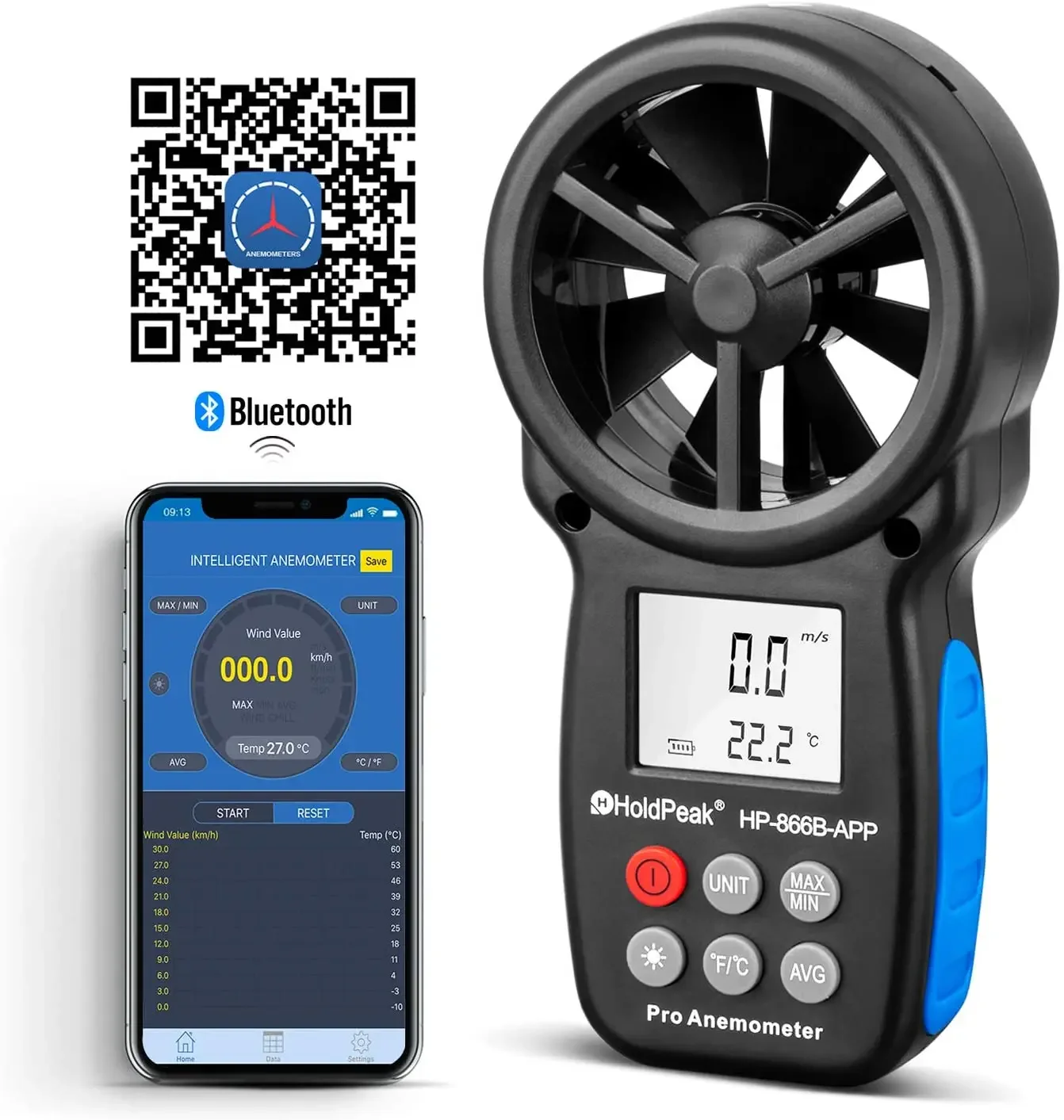 HoldPeak HP-866B-APP Digital Anemometer 0.3~30m/s With Mobile APP Wind Speed Measurement Meter Measure Temperature Tester tools