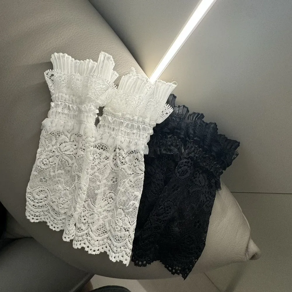 Classic Lace Trim Lace Arm Sleeves Ruffle Cuffs Floral Embroidered Wrist Sleeves See-Through Mesh Fingerless Gloves Women