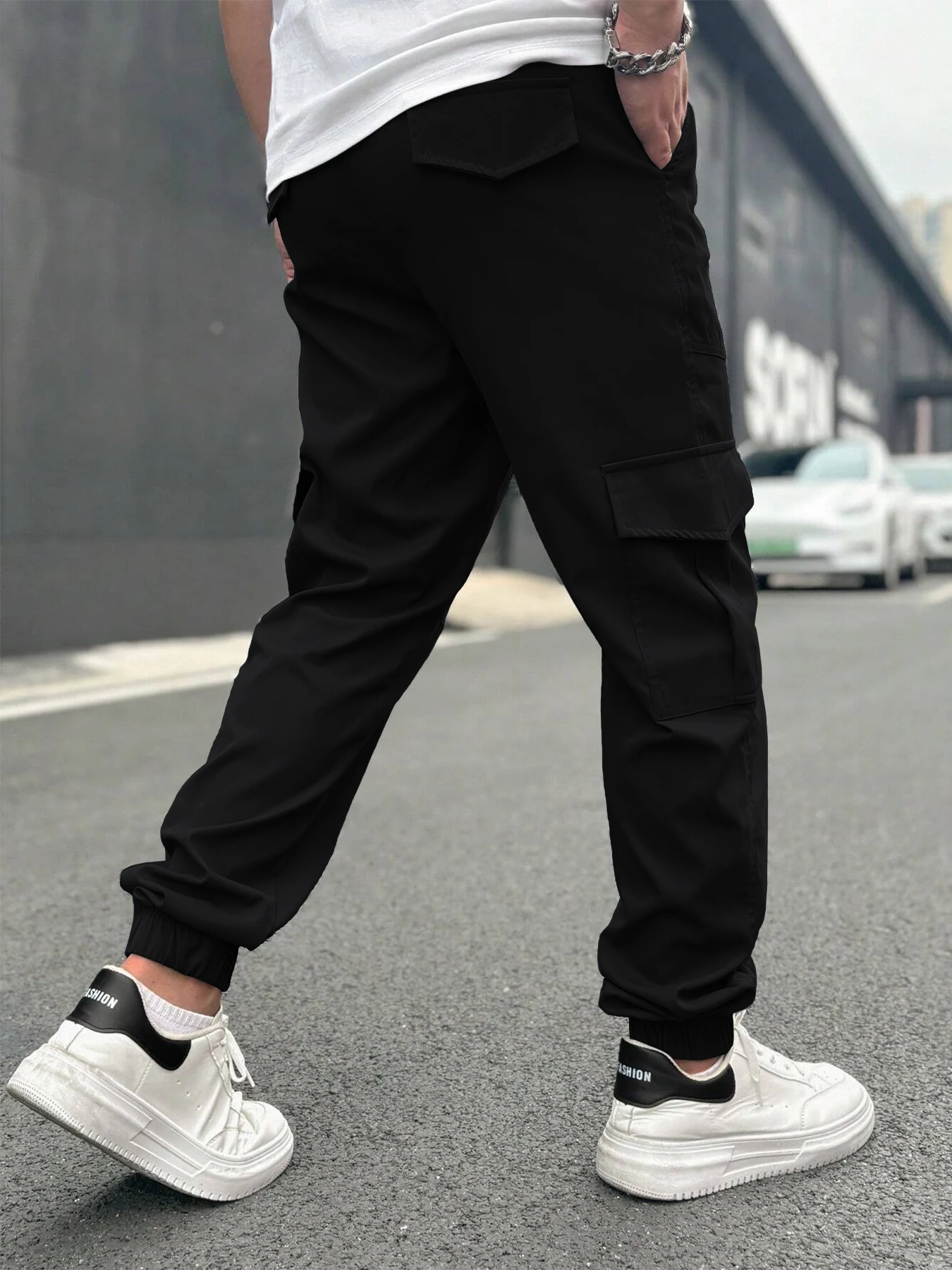 

Men's fashionable solid color work pants, side pocket design, comfortable and casual loose drawstring simple and versatile ankle
