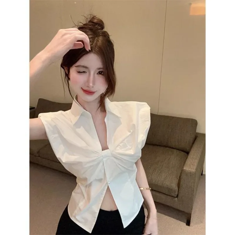 

Женская одежда, летняя мода, повседневная однотонная женская рубашка с воротником-поло на пуговицах, трендовый модный топ без рукавов в молодежном стиле