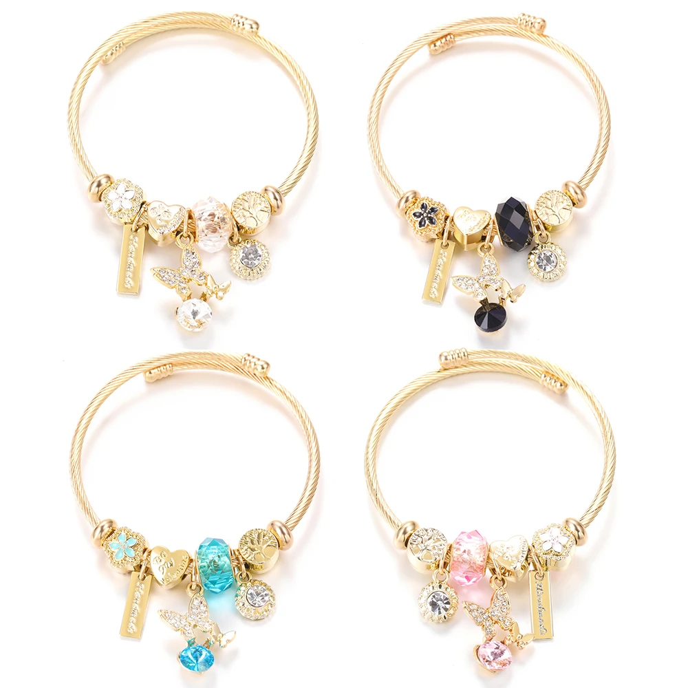 Trendy Crystal Butterfly Pendant Oil Dripping Tree of Life 4 Colors Beaded Bracelet Stainless Steel Closure Bangle Women Jewelry