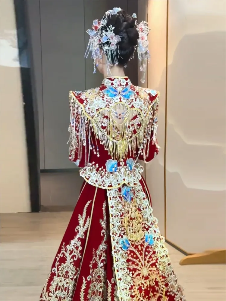 New velvet dress for brides Chinese-style wedding toasting heavy industry