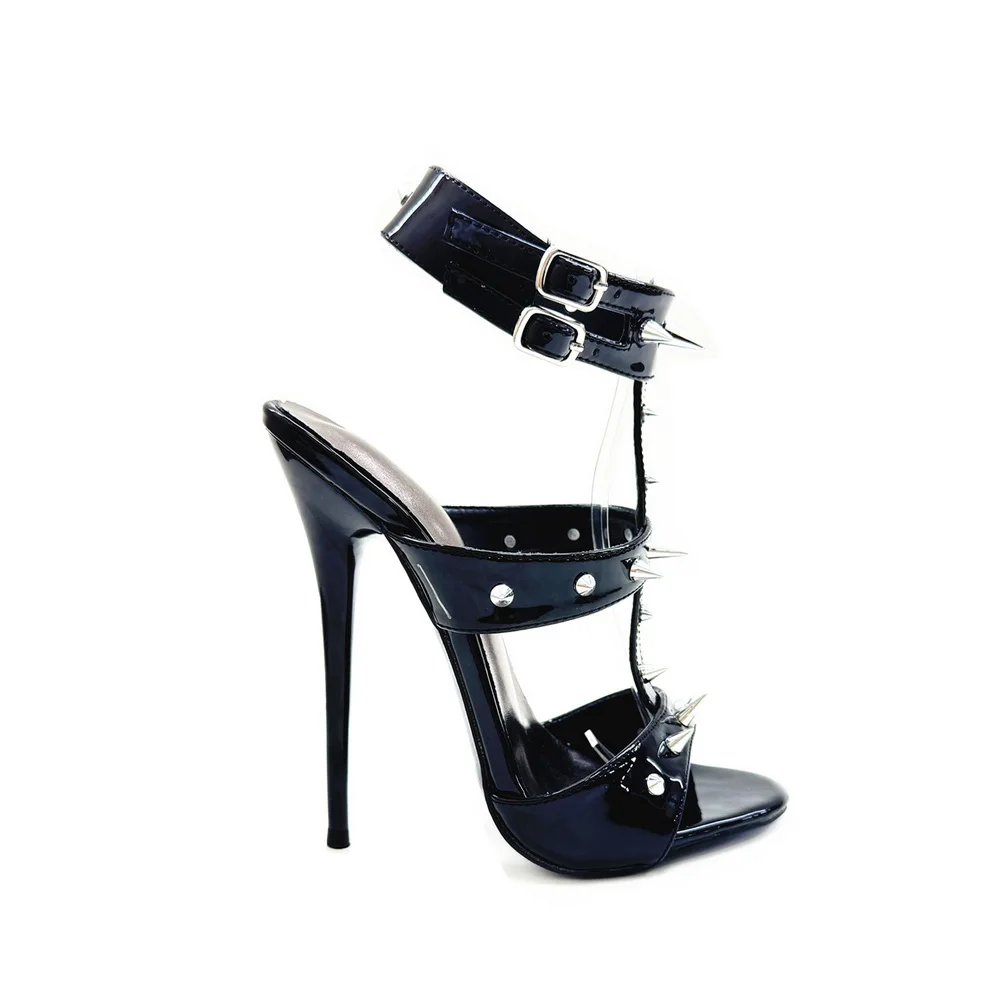 16/14cm/12cm High Heeled Rivets Sandals,Women Fetish Summer Shoes,T-Shape Ankle Buckle Strap,Black,Size 36-46,Customized Colors image 6