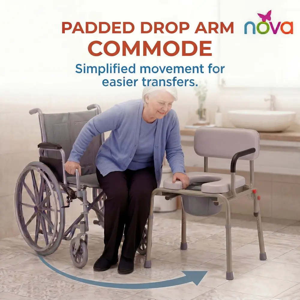 

Medical Products Drop Arm Commode with Padded Seat and Back, Drop Down Arms for Easy Transfer, Stand Alone Bed Side Commode and