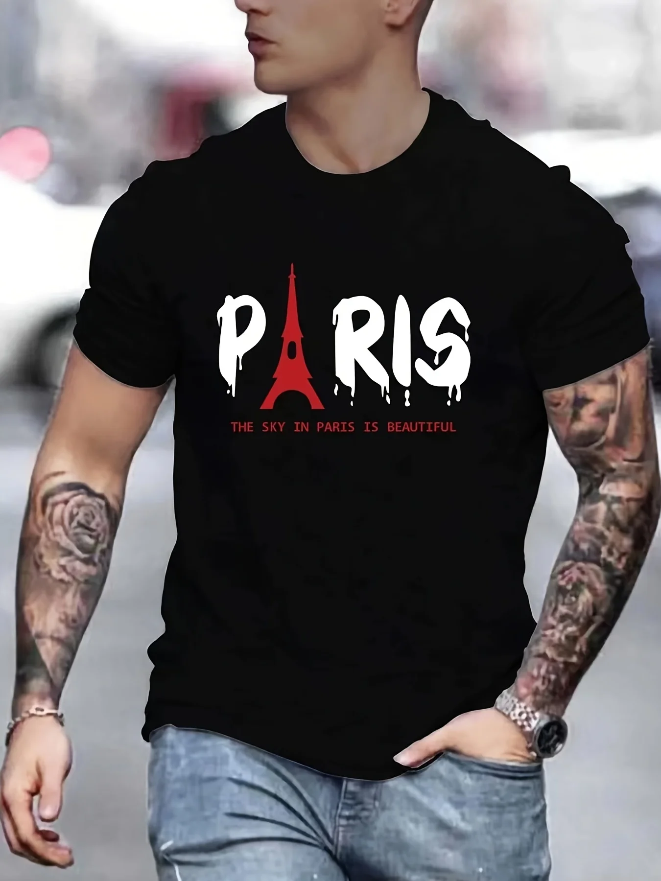 Men\'s Summer Paris Eiffel Tower Printed 100% Cotton Large Loose Round Neck Short Sleeve T-shirt Top  fashion casual