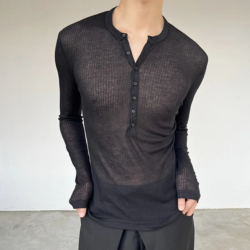 Long-sleeved T-shirt Men's Fashionable New Summer Thin See-through Elastic Deep V Bottoming Shirt Pink Slim-fitting And Thin Des