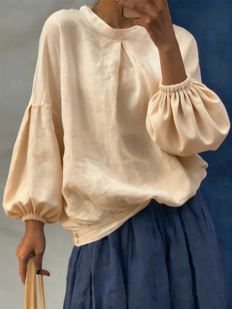 

Spring Fashion O-neck Temperament Blouse Women Elegant Commuting Linen Solid Color Blouse Casual Lantern Long Sleeve Pullovers