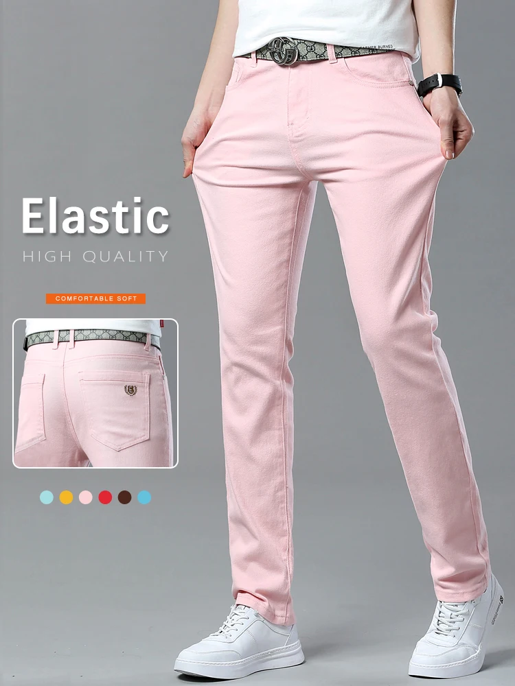 

Men's Pink Jeans Spring Summer New Comfortable Elastic Fitted Straight Denim Trousers Fashion Korean Male Casual Pants