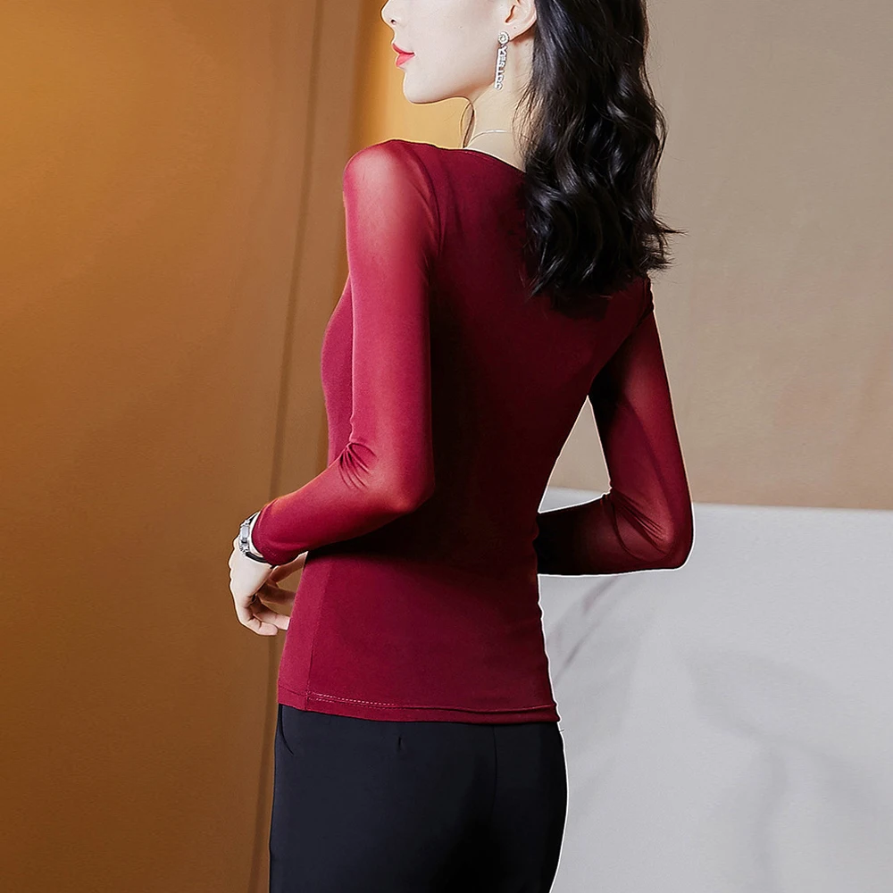 Women's New Mesh T Shirt M-3XL Basic O-neck Full Sleeve Shirt Women Slim Stretch Female Bottoming Blouses Red Ladies Sexy Tops image 2