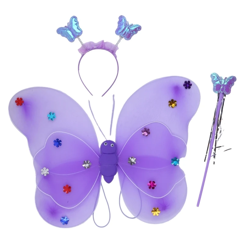 Girls Princess Fairy Costumes Set with Butterfly-Fairy Wing Wand Headband Novelty-Gift Role Playing Props