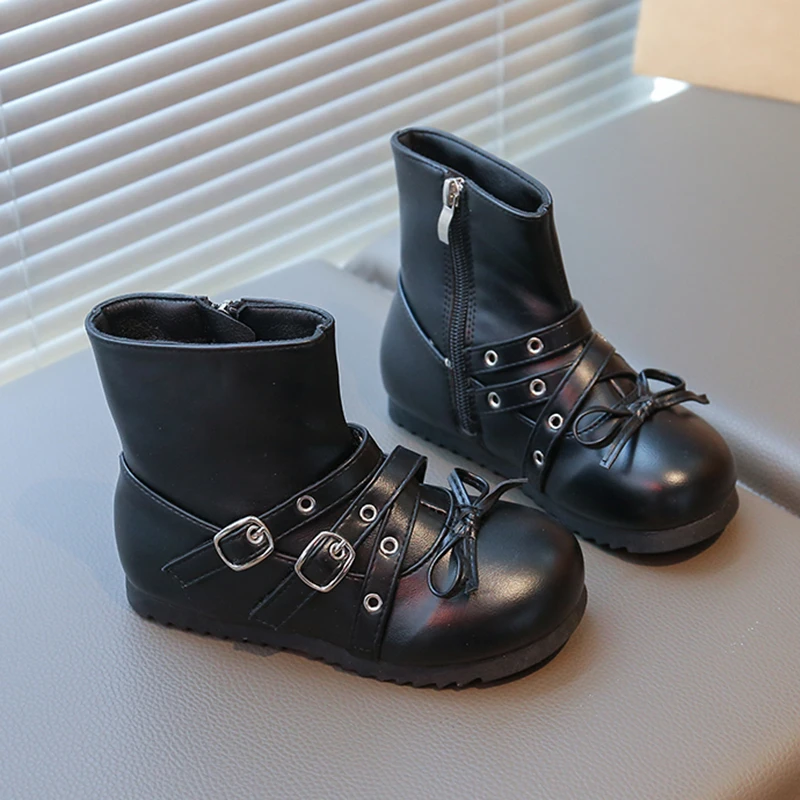 

Sweet Bowknot Warm Plush Leather Ankle Boots Children 2025 Metal Belt Buckle Side Zip Designer Short Boots Girl Winter Footwear