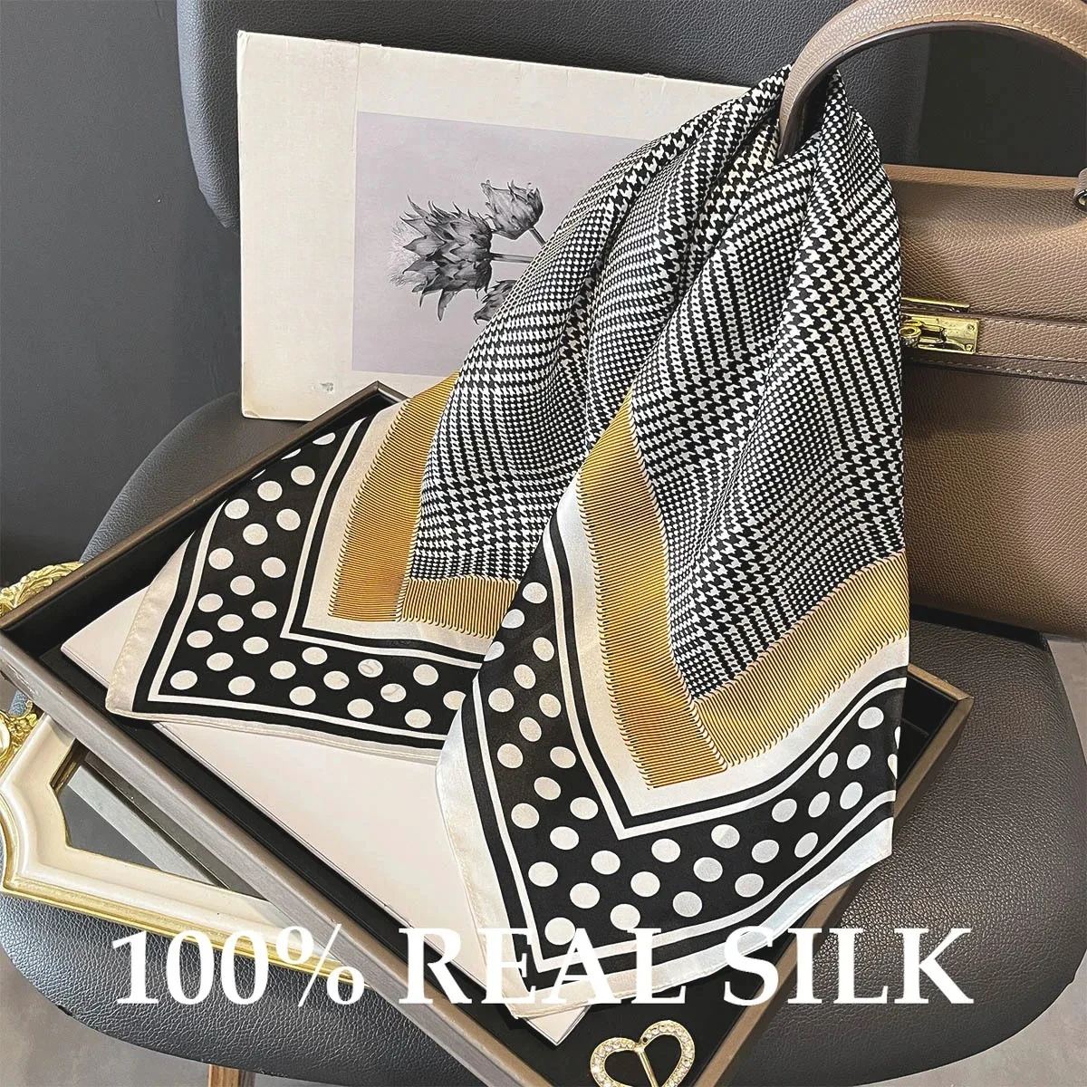 

100% Real Silk Square Scarf Luxury Women Houndstooth Shawl Beach Cover Up Wrap Neckerchief Bandana Cruise Scarves Hijab Pashmina