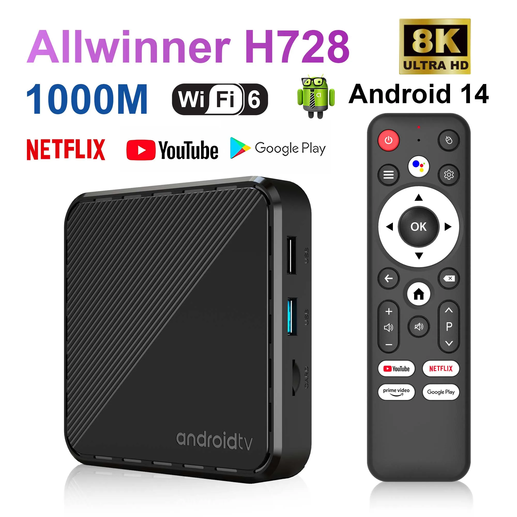 Global Version Mortal H728 Android14 TV box Allwinner H728 chip octa-core Wifi6 1000M Lan Bluetooth 8K video decoding Chromecast