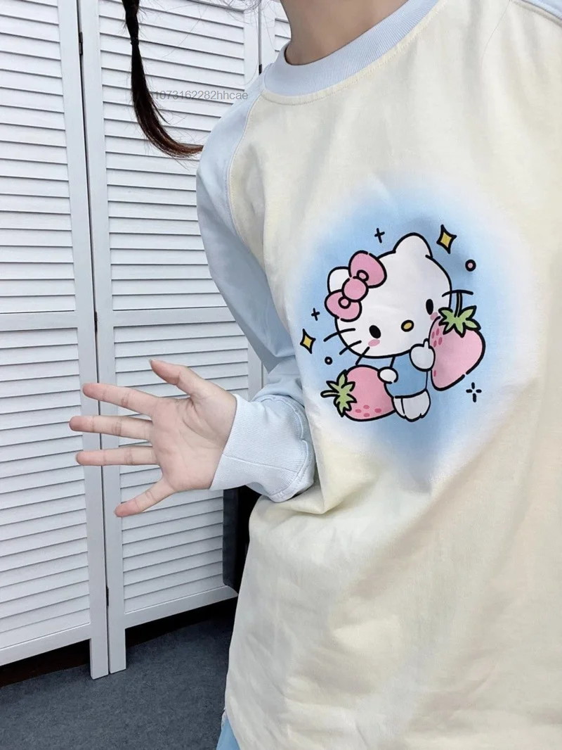 Sanrio Hello Kitty Graphic Long Sleeve Shirt Kawaii Lolita 2000s Clothes Y2k Oversized Women Blouse Harajuku Shirt Girls Tops