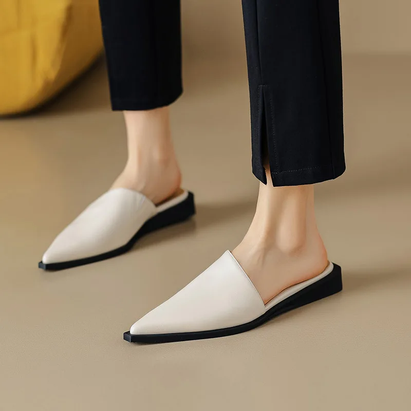 Phoentin 2023 Summer Elegant Women\'s Genuine Leather slippers top quality Mules classic Casual Shoes Pointed Toe sandals FT2490